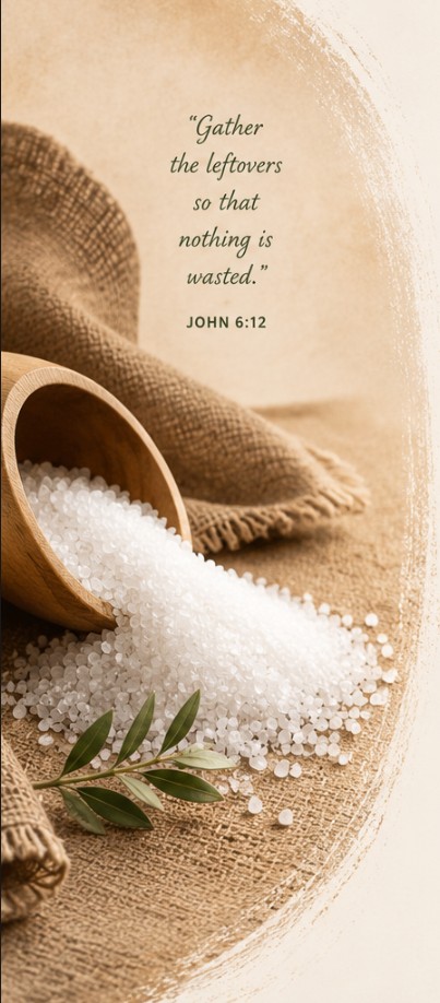 Salt spilling from a wooden scoop onto burlap cloth with an olive branch. Text reads: &ldquo;Gather the leftovers so that nothing is wasted.&rdquo; &mdash; John&nbsp;6:12